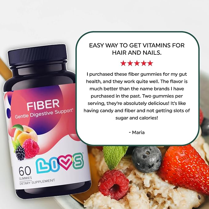 LIVS Fiber Gummy Vitamin - Fiber Gummies, for Adults, Gut Health, Digestive Support, Supplements, All-Natural, Gluten-Free, Non-GMO - Raspberry, Peach & BlackBerry Flavored, 60 Count