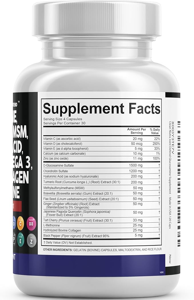 Clean Nutraceuticals Glucosamine Chondroitin MSM Turmeric Hyaluronic Acid Boswellia Collagen Tart Cherry - Joint Support Supplement Omega 3 Pills Ginger Quercetin Capsules - 120 Count USA
