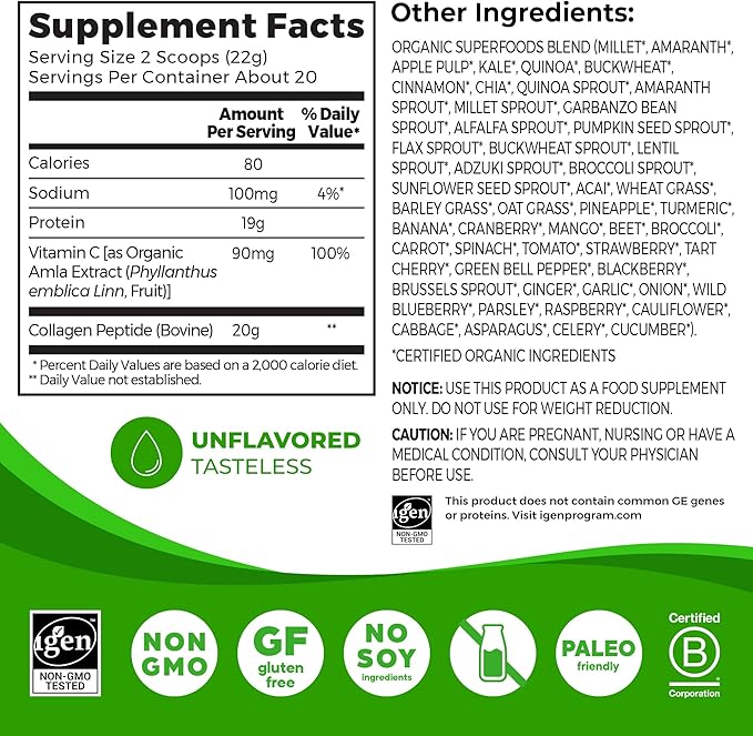 Orgain Hydrolyzed Collagen Powder + 50 Organic Superfoods For Women & Men, 20g Grass Fed Collagen with Vitamin C, Unflavored - Hair, Skin, Nail, & Joint Support Supplement, Non-GMO, Type I & III, 1lb