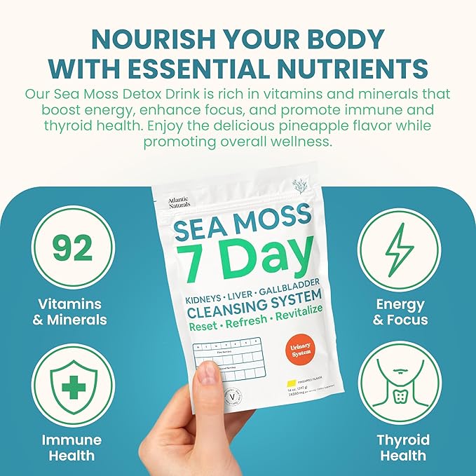 Atlantic Naturals Sea Moss 7 Day Detox Liver, Gallbladder & Kidney Cleanse - Support with Dandelion Root, Milk Thistle, Burdock Root, Red Clover, Chanca Piedra - Pineapple Flavor Drink Mix (14 oz)