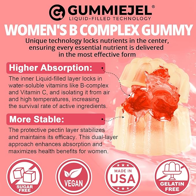 Vitamin B Complex Gummies for Women Sugar Free, Super Methylated B Complex w/ Methyl B12, L-methylfolate, Iron, Vitamin C, Inositol, Magnesium, Choline, Biotin, B2 B3 B5 B6, Orgainc Fruit Blend, 60Cts