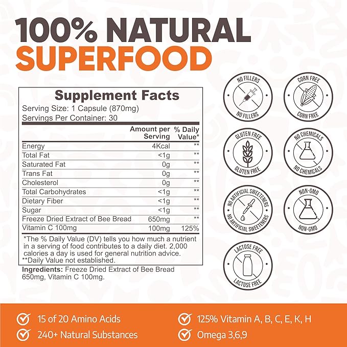 Bee Bread Capsules - Fermented Bee Pollen & Honey, 100% Natural Multivitamin, Superfood for Energy, Metabolism, Sleep, Recovery, Immunity | Rich in Vitamin C, B, Amino Acids, Antioxidants, Minerals
