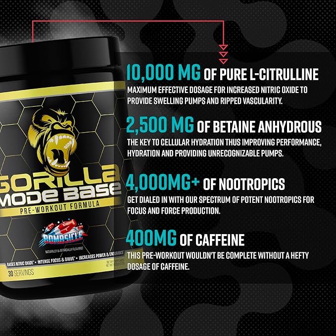 Gorilla Mode Base Pre Workout - Raises Nitric Oxide · Intense Focus & Drive · Endurance · Power - L-Citrulline, L-Tyrosine, Betaine, Alpha-GPC, Caffeine, Huperzine A - 360 Grams (White Gummy Bear)