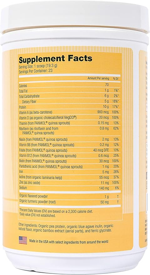 Plant Based Vegan Protein Unflavored- USDA Organic with Vitamins, Fiber, Omega 3, Turmeric, Kids Nutrition, Non-GMO, Dairy Free, Allergen Free, Sugar & Gluten Free