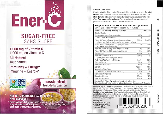 Ener-C Sugar Free Energy Passion Fruit Multivitamin Drink Mix Vitamin C 1000mg & Electrolytes - Natural Immunity Support with Real Fruit Juice Powders - Non-GMO Vegan & Gluten Free - 30 Count