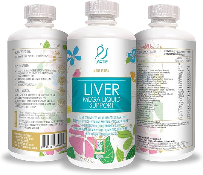 Actif Liver Mega Liquid Support - Complete Liver and Bile Maximum Strength Supplement, Non-GMO, Made in USA, 32oz