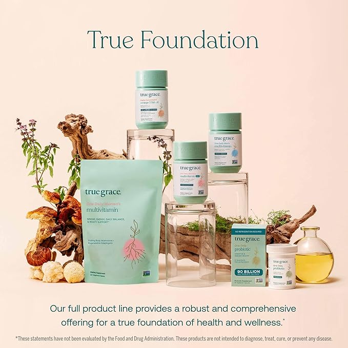 True Grace One Daily Women’s Multivitamin 40+ Fermented Minerals, Organic Adaptogens & Mushrooms Energy, Immune, Bone, Heart Support - Iron Free, Non-GMO, Gluten Free, Soy Free - 90 Vegan Tablets