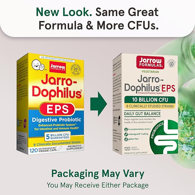 Jarrow Formulas Jarro-Dophilus EPS Probiotics 10 Billion CFU for Intestinal Tract Support, Probiotic Supplement for Gut Health for Women and Men, 120 Veggie Capsules, Up to a 60 Day Supply ,Pack of 12