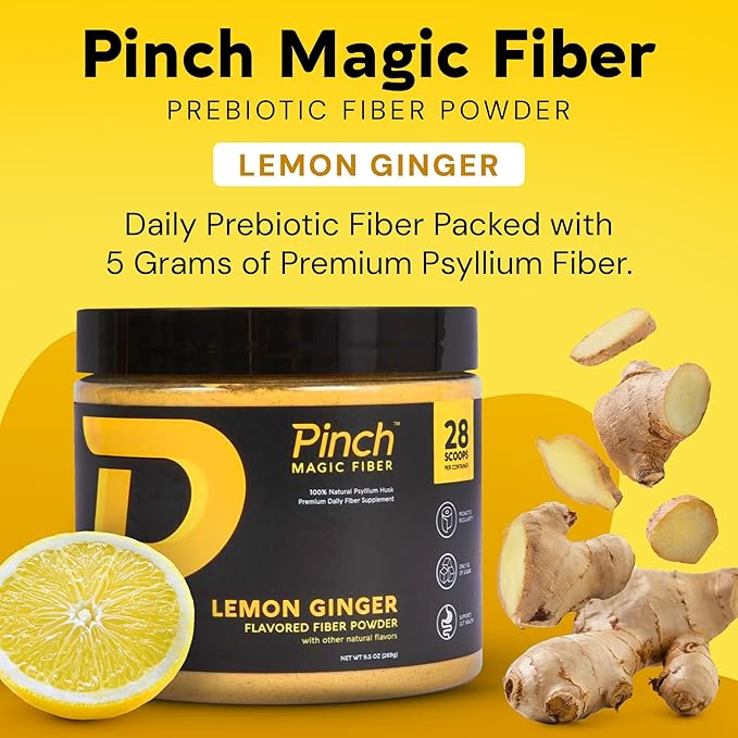 Pinch Magic Fiber | Prebiotic Fiber Supplement for Women & Men | Psyllium Husk Powder for Digestive & Gut Health Support | Keto, Vegan, Low Sugar Fiber Powder | USA-Made | Lemon Ginger, 28-Day Supply