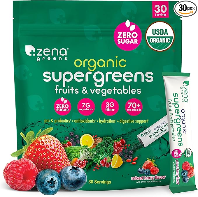 Zena Organic Super Greens Powder, 70+ Superfoods Drink Mix, 0 Sugar, 3G Fiber, Fruits, Veggies, Spirulina, Chlorella, Antioxidants, Pre & Probiotics, Digestive Enzymes, Mixed Berry Flavor, 30 Packets