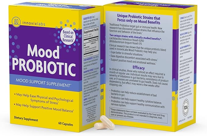 InnovixLabs Mood Probiotic Supplement - Clinically Studied Digestive & Mood Probiotics for Women and Men with Lactobacillus helveticus Rosell-52ND & Bifidobacterium longum Rosell-175, 60 Capsules