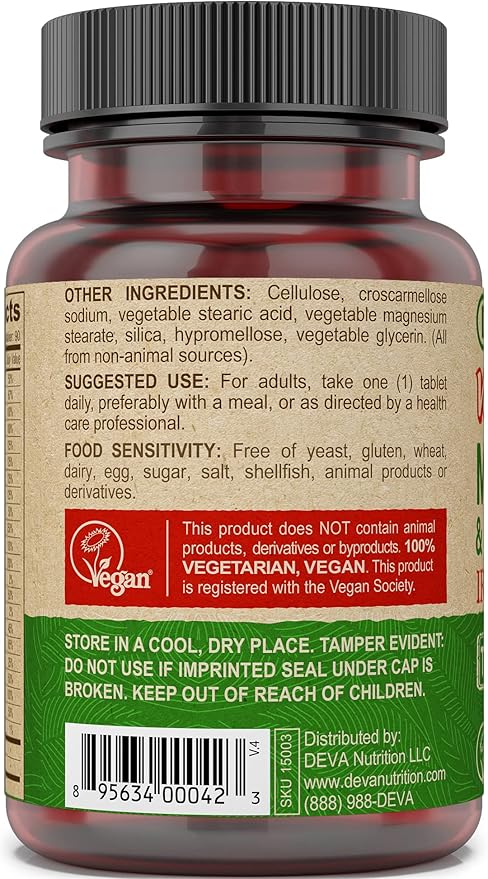DEVA Tiny Tablets Vegan Multivitamins for Women & Men, Multivitamin Iron Free, Mineral Supplement, Vitamin C, Vitamin B Complex, Vitamin B12, Vitamin E, Zinc, Gluten Free (2 Pack - 90 Tablets Ea)