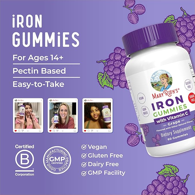 MaryRuth Organics Iron Suppleme nt Gummies for Adults | Sugar Free | Gummy Iron Supplements Vitamin C for Ages 14 | Iron Supplement for Iron Deficiency | Immune Support | Vegan | Non-GMO | 60 Count