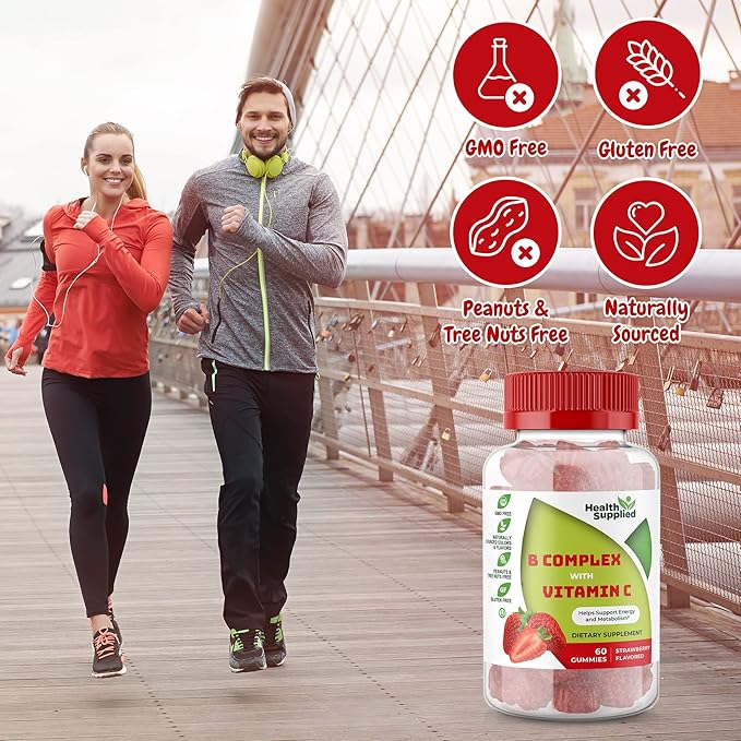 Strawberry Flavored Vitamin B Complex Gummies - B Complex with Vitamin C - Supports Nervous System and Boosts Energy Levels - Assists with Cognitive Function - Great Tasting and Easy to Swallow