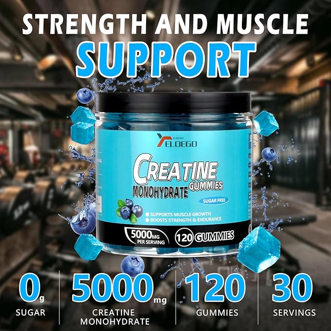 Creatine Monohydrate Gummies 5000mg Sugar Free for Men & Women, with L-Taurine + Vitamin B12 for Muscle Strength, Muscle Builder, Energy Boost, Pre-Workout Supplement Gummy, Blueberry-120 Count