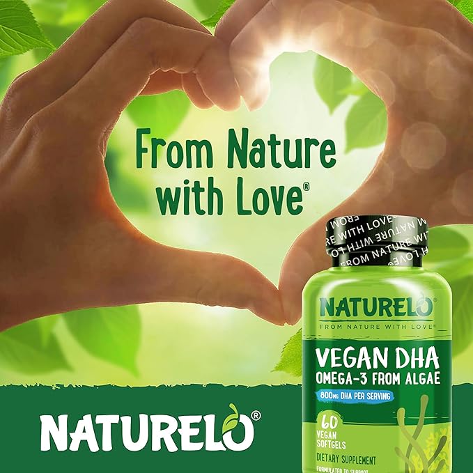 NATURELO Vegan DHA - Omega 3 Oil from Algae - Supplement for Brain, Heart, Joint, Eye Health - Provides Essential Fatty Acids for Women, Men and Kids - Complements Prenatal Vitamins - 60 Softgels