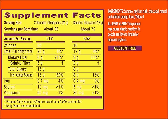 Metamucil Fiber, 4-in-1 Psyllium Fiber Supplement Powder with Real Sugar, Orange Smooth Flavored Drink, 72 Servings (Packaging May Vary), Coarse Texture, 1.9 Pound (Pack of 1)