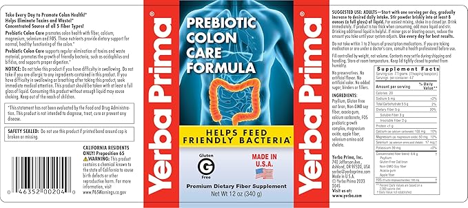 Yerba Prima Prebiotic Colon Care Formula Powder 12 oz - Natural Psyllium Fiber, FOS, Magnesium, Selenium - Non-GMO, Gluten Free, Vegan Daily Supplement for Men & Women