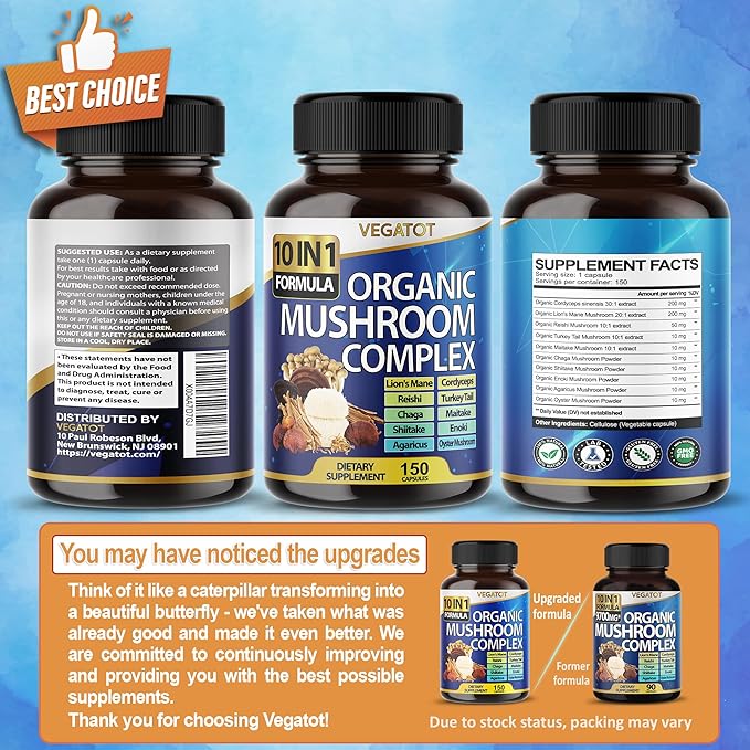 10 in 1 High Strength Mushroom Supplement 9,700MG - Lions Mane, Cordyceps, Reishi - Brain Supplements for Memory and Focus ** 5-Month Supply