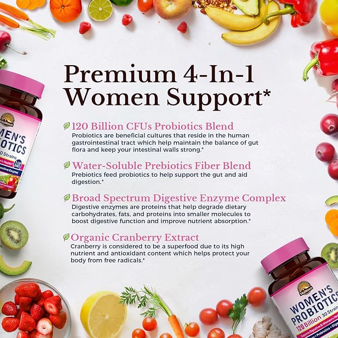 Vitalitown Women's Probiotics 120 Billion CFUs 1 Daily, 30 Strains, with Prebiotics & Digestive Enzymes & Cranberry, Gut & Vaginal Health, Vegan 60 Delayed Release Caps