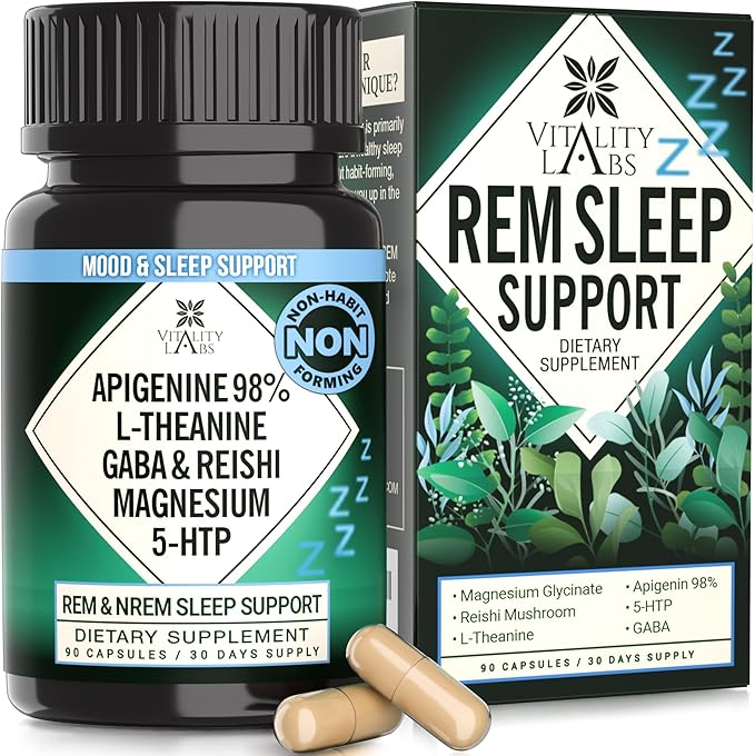 Natural Sleep Aid Supplement for Adults Without Melatonin - Non-Habit Forming Herbal Sleep - GABA, L-Theanine, Reishi Mushroom, Apigenin, Magnesium Glycinate, 5-HTP - 90 Vegan Capsules