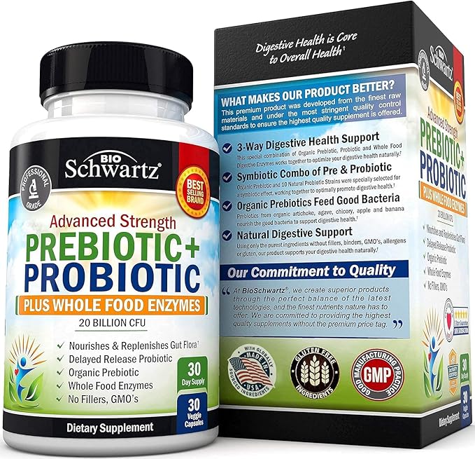 Prebiotics and Probiotic with Whole Food Enzymes for Adults Women & Men - Probiotics Lactobacillus Acidophilus - Digestive Health Capsules Shelf Stable Supplement - Non-GMO Gluten & Dairy Free -30ct