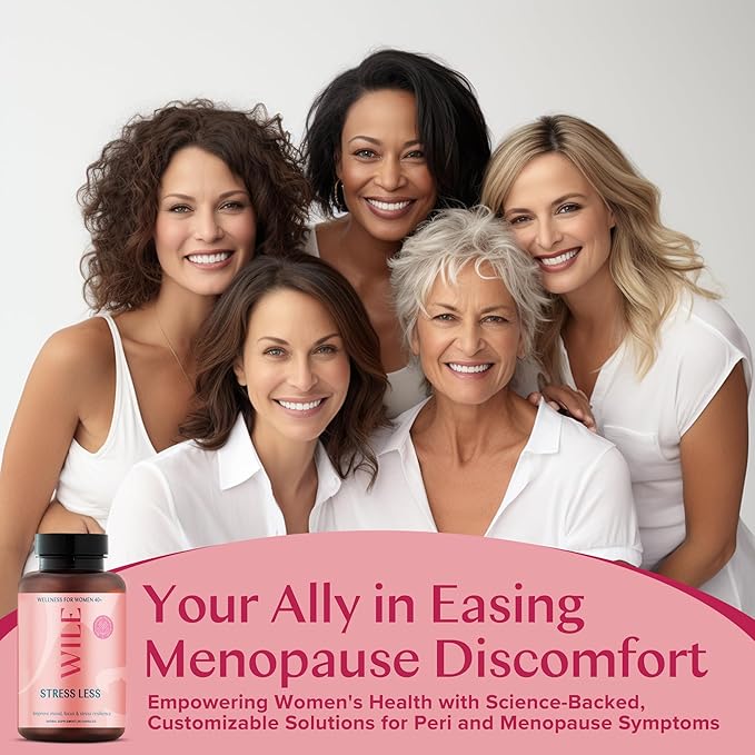 WILE Menopause & Perimenopause Supplements for Women with Ashwagandha - Stress Relief with Black Cohosh - Premenopausal Support for Improved Mood, Sleep, Hormone Balance - Vegan, 30 Servings