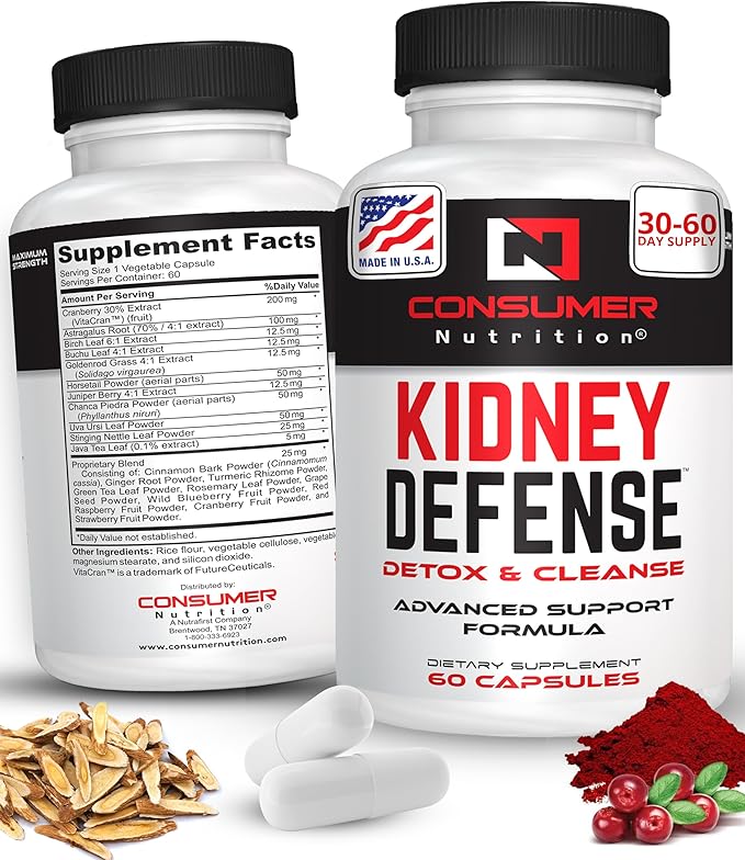 Kidney Support Supplement - Kidney Defense Kidney Detox & Cleanse - with Cranberry Extract, Astragalus Root, & More for Urinary Tract, Kidney and Bladder Support 60 Capsules