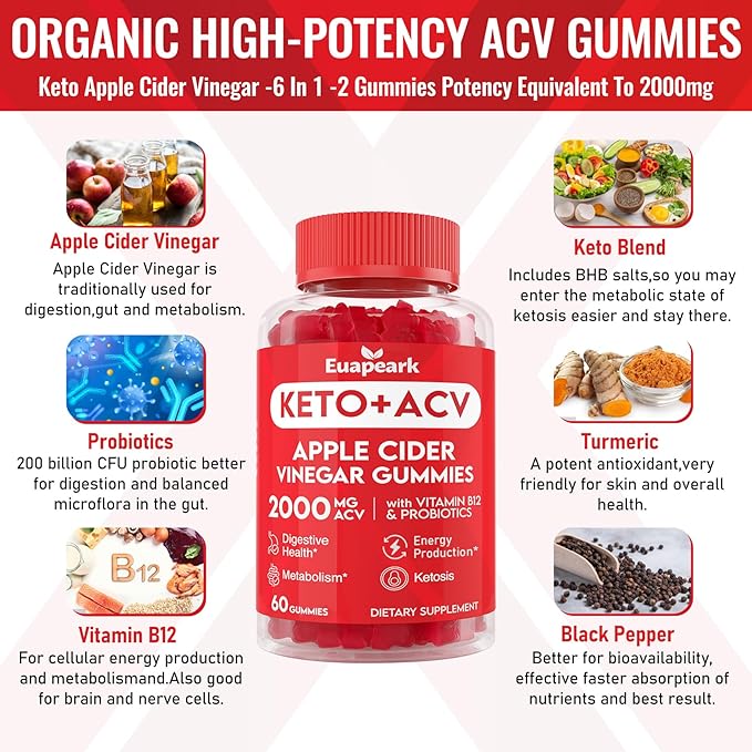Apple Cider Vinegar Gummies, Keto ACV Gummies with Probiotics, Vitamin B12 & Keto Support, 2000 mg ACV Gummies with Mother for Digestion, Metabolism, Cleanse & Detox Diet, Vegan, Low Sugar, 720 Counts