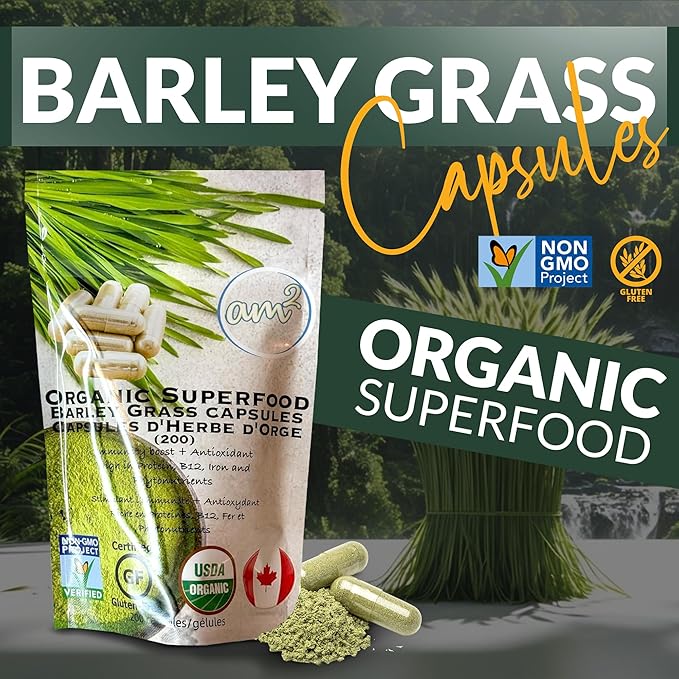am2 Organic Barley Grass Capsules – Pure Barley Grass Juice Powder Capsules, Green Superfood Supplement – Rich in Fiber & Antioxidants – Support Immunity & Digestive Health – 200 Caps (200g)