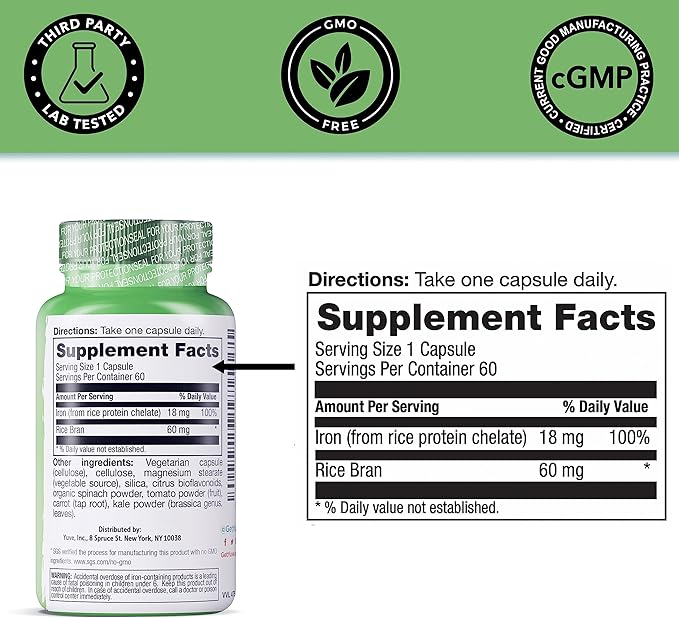 Yuve Whole Food Chelated Iron 18 mg Supplement - Formulated for Maximum Absorbption - Supports Healthy Heart & Blood Cells - Boosts Energy & Cognitive Functions - Vegan, Non-GMO, Gluten-Free - 60 Caps