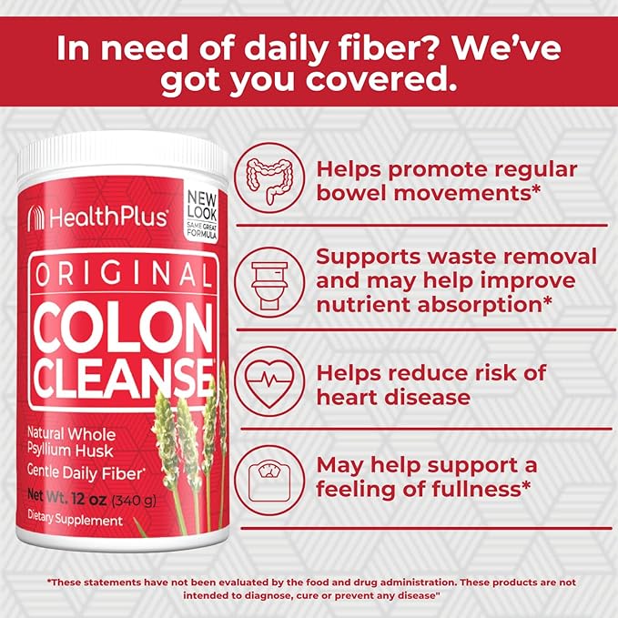 Health Plus Original Colon Cleanse, 12 oz Powder, 48 Servings - Natural Detox, Digestive Constipation Relief, Daily Fiber, Contains Psyllium Husk