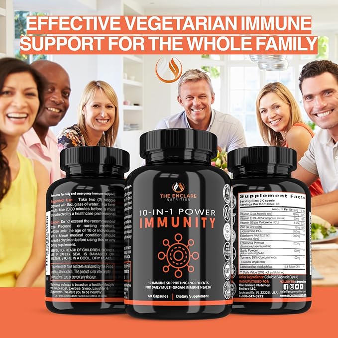THE ENCLARE NUTRITION Immune Support Vitamins with Vitamin C, Elderberry, Zinc, Echinacea, Turmeric Curcumin, Garlic. 10in1 Immunity Defense Supplement Booster for Adults. Veg Capsules 60ct (3)