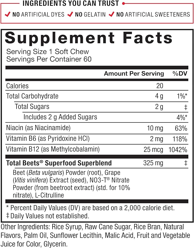 Force Factor Total Beets Soft Chews with Beetroot, Nitrates, L-Citrulline, Grapeseed Extract, and Antioxidants, Healthy Energy Supplement with Elite Ingredients, Heart Health Superfood, 60 Chews