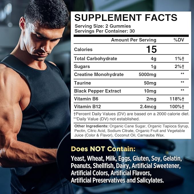 Creatine Monohydrate Gummies for Men & Women, Creatine Pre-Workout Gummies, Taurine&B6, Increase Strength, Energy & Endurance Chewable Creatine Gummy Supplements, 5g Per Serving (5 Packs)