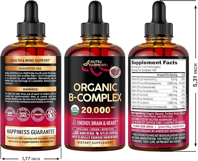 USDA Organic Vitamin B-Complex B5 Pantothenic Acid | B12 Methylcobalamin | B1 Thiamine | B6 Pyridoxine | B7 Biotin | B9 Folic | B3 Niacinamide - B Complex Liquid Drops, Made in USA Supplement, 4fl oz