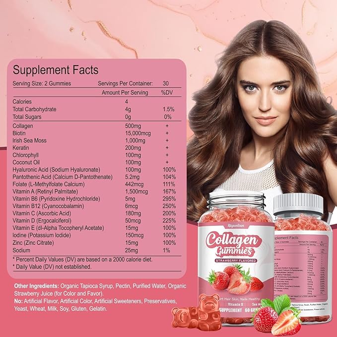 Collagen Gummies with Vitamin C, Zinc and Biotin,Hydrolyzed Collagen Peptides Supplement for Hair, Skin, Nails & Wrinkles, 60 Gummies