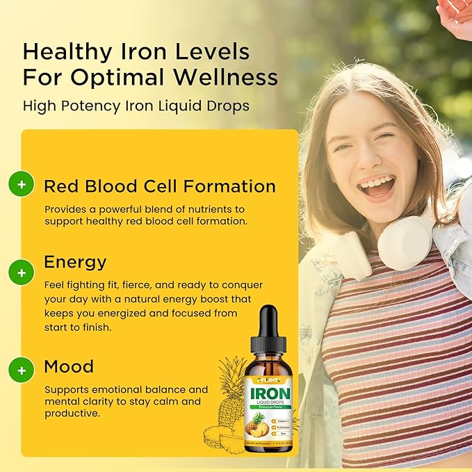 Liquid Iron Supplement for Women Men & Kids Multivitamin Iron Drops with Folate, Vitamin C, B6, B12, Zinc for Anemia, Iron Deficiency, Blood Builder, Energy - Natural Pineapple Flavor, Vegan 4 Fl Oz