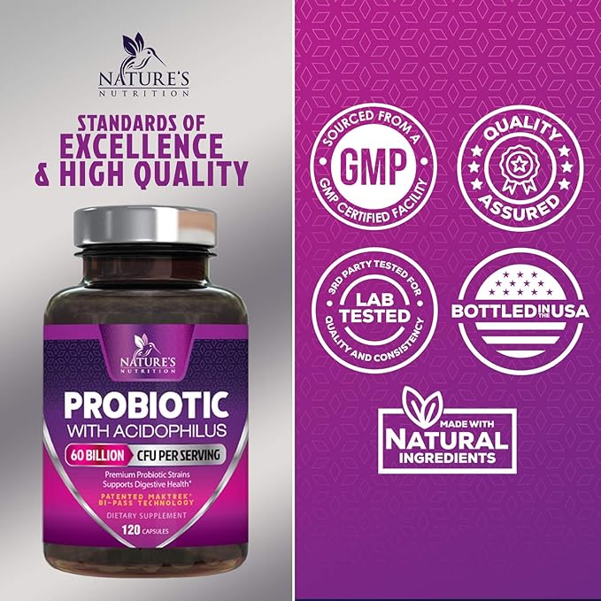 Probiotics 60 Billion CFU per Serving - 10 Strains + Prebiotics - Immune, Digestive & Gut Health Support, Supports Occasional Constipation, Gas & Bloating for Women & Men, Shelf Stable - 120 Capsules