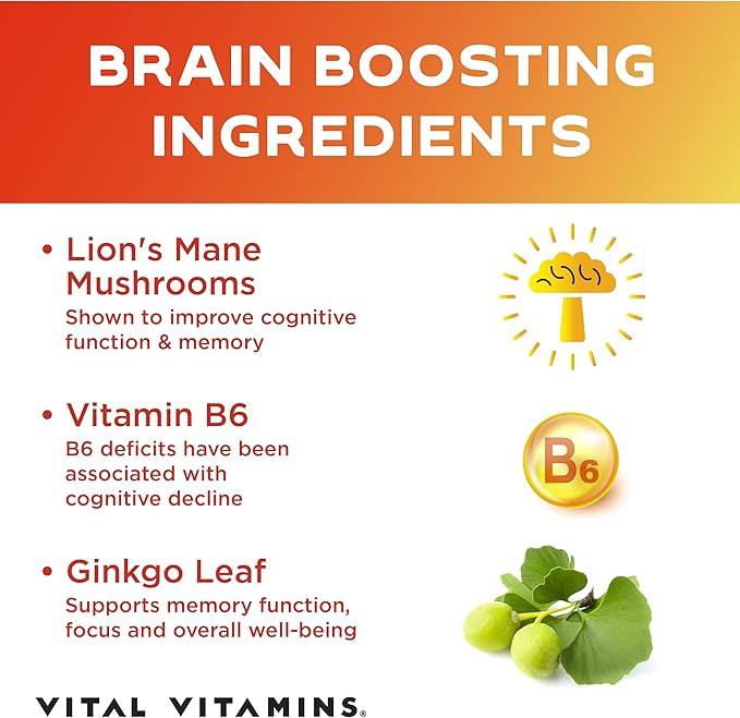 Vital Vitamins Brain Supplements for Memory & Focus - Brain Booster Plus Lion's Mane - Nootropic Brain Health - Memory, Clarity, Energy, Brain Fog - 60 Ct