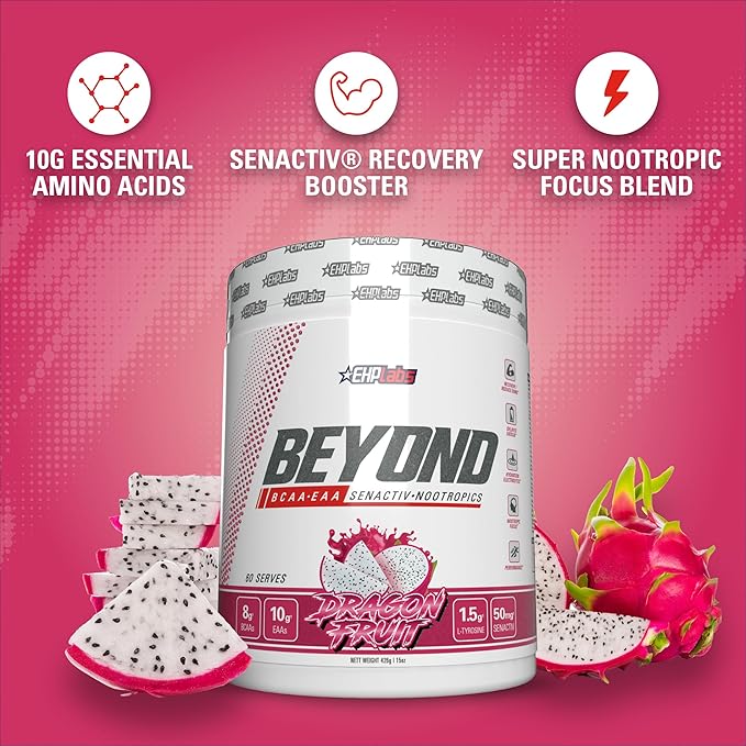 EHP Labs Beyond BCAA Powder Amino Acids Post Workout Recovery - BCAAs Essential Amino Acids EAA Supplements Powder - 10g Amino Acids Supplement for Muscle Recovery, 60 Servings (Dragon Fruit)