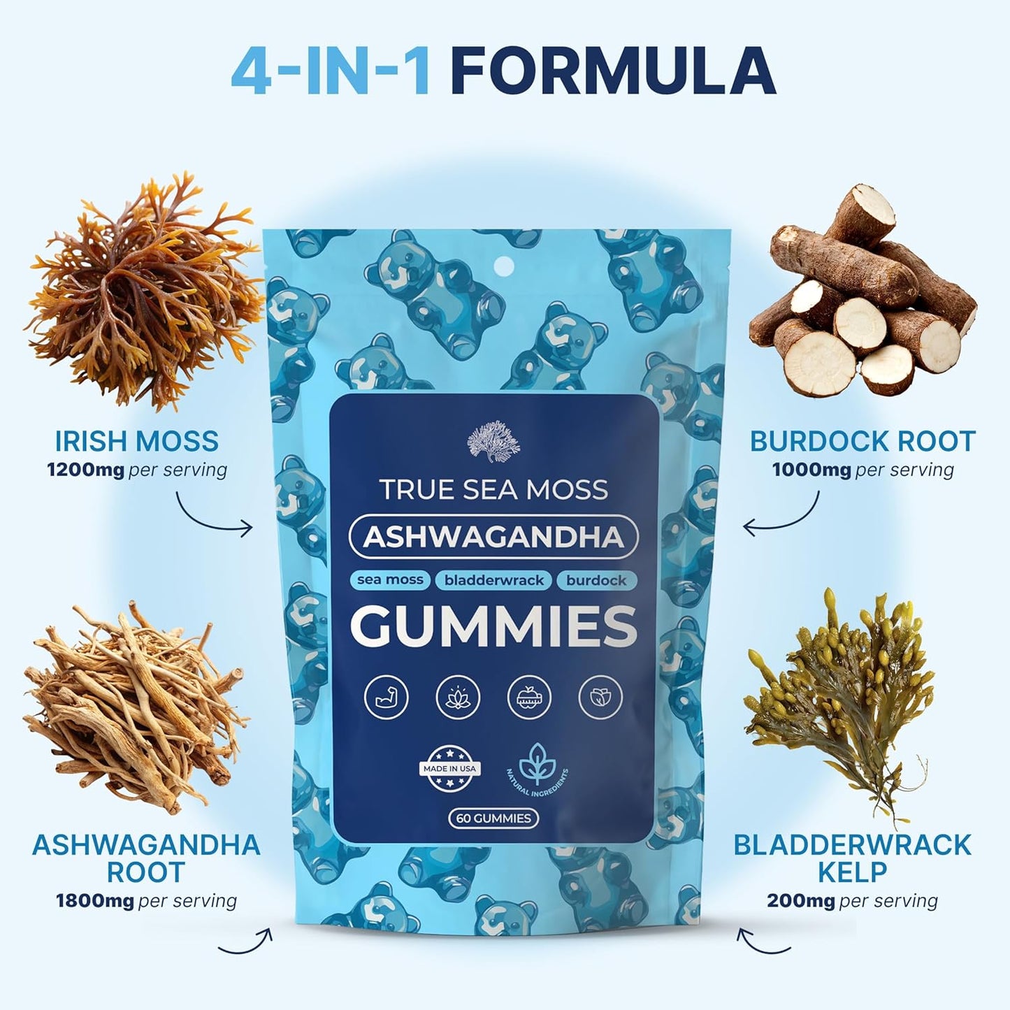 Sea Moss Ashwagandha Gummies for Women & Men - Vegan Herbal Blend with Sea Moss, Bladderwrack & Burdock, 60 Gummies in Pouch (30-Day Supply)