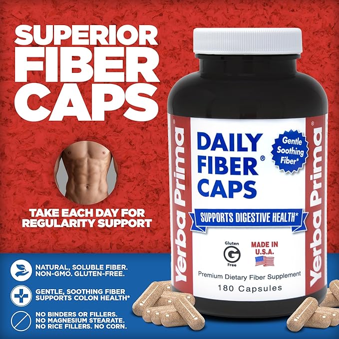 Yerba Prima Daily Fiber Capsules – 180 Caps (Pack of 3) - Soluble Dietary Fiber Supplement - Colon Cleanse - Gut Health - Constipation Relief – Vegan, Non-GMO, Gluten-Free