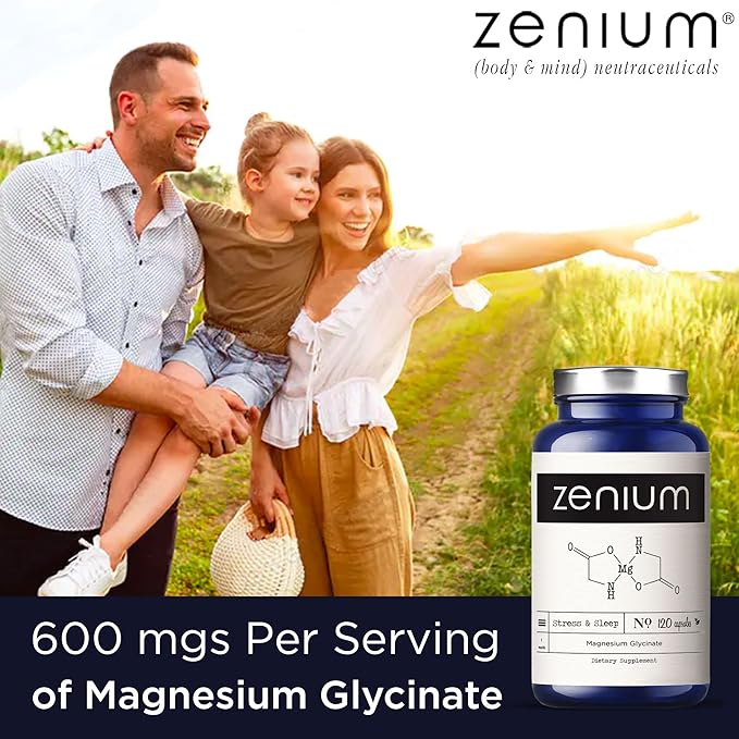 Zenium - Magnesium Glycinate 600 mg per Serving, 120 Capsules | Relieve Stress, Tension, Worry, Nervousness, & Irritability | Calm The Mind & Body | Ayurvedic | Natural Relief Supplement
