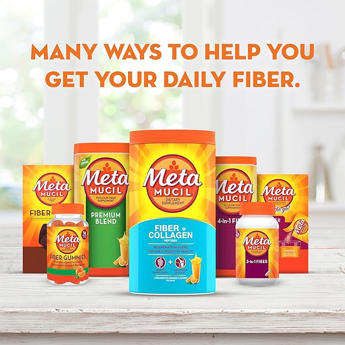 Metamucil Daily Fiber + Collagen, Psyllium Husk Powder, Plant Based, Sugar-Free with Stevia, 3-in-1 Fiber for Digestive Health, Orange Flavored, 90 Doses (29.8 OZ Fiber Powder)