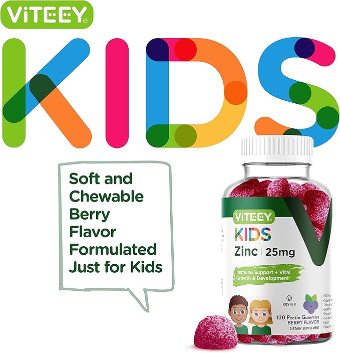 Zinc for Kids Gummies, 25mg - Immune Support for Kids & Teens - Powerful Natural Antioxidant, Kids Zinc Vitamin Supplement - Vegan, Gelatin Free, Gluten Free - Tasty Chewable Berry Flavor Gummy