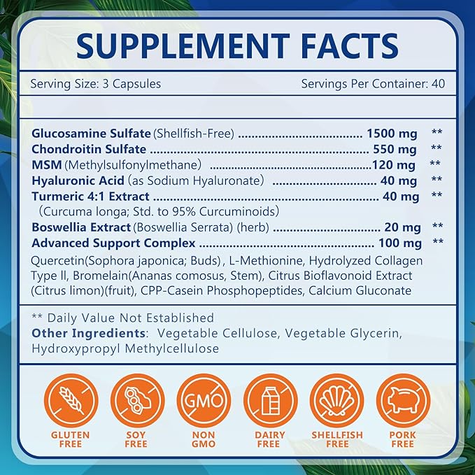 NATURE TARGET Glucosamine Chondroitin MSM, Joint Support Supplement, Shellfish Free, Turmeric Boswellia, Hyaluronic Acid, Collagen, Calium for Cartilage and Bone Health,120 Capsules, 40 Servings