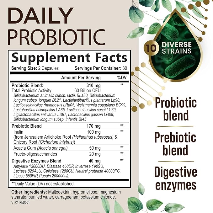 Daily Probiotic and Acidophilus Prebiotic Supplement 60 Billion CFU Capsule for Women & Men - 10 Diverse Strains - for Bloating Gas & Digestive Gut & Immune Health Support, Gluten Free - 60 Capsules