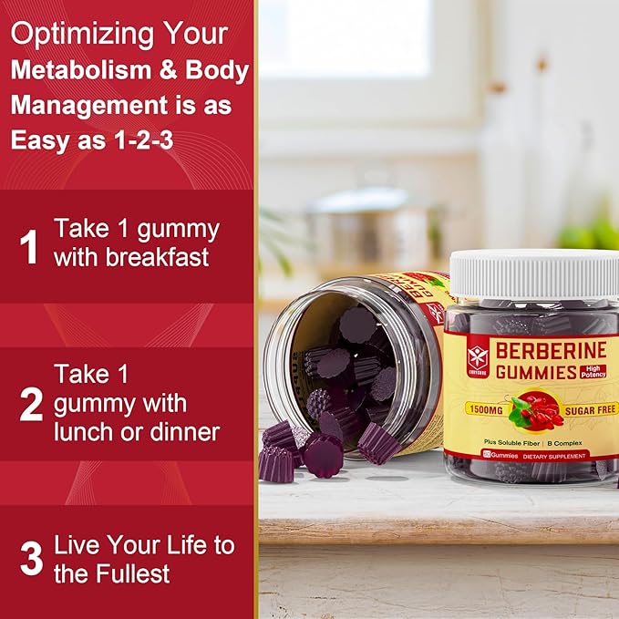 Berberine Supplement 1500mg with Soluble Fiber, B1, B3 & B6, Sugar Free Berberine HCL Gummies, High Bioavailability AMPK Activitor for Metabolism Balanced, Daily Digestive & Body Management, 60 Cts
