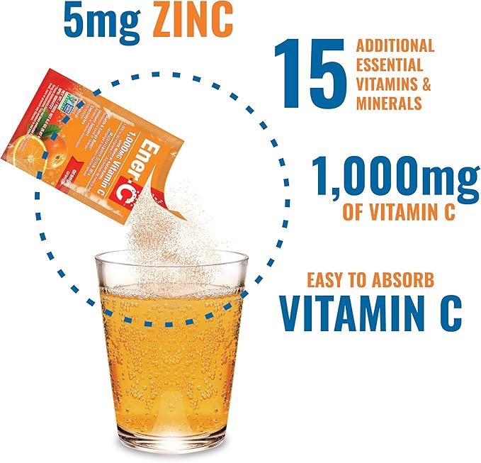 Ener-C Orange Multivitamin Drink Mix Powder Vitamin C 1000mg & Electrolytes with Real Fruit Juice Natural Energy & Immune Support for Women & Men - Non-GMO Vegan & Gluten Free - 30 Count
